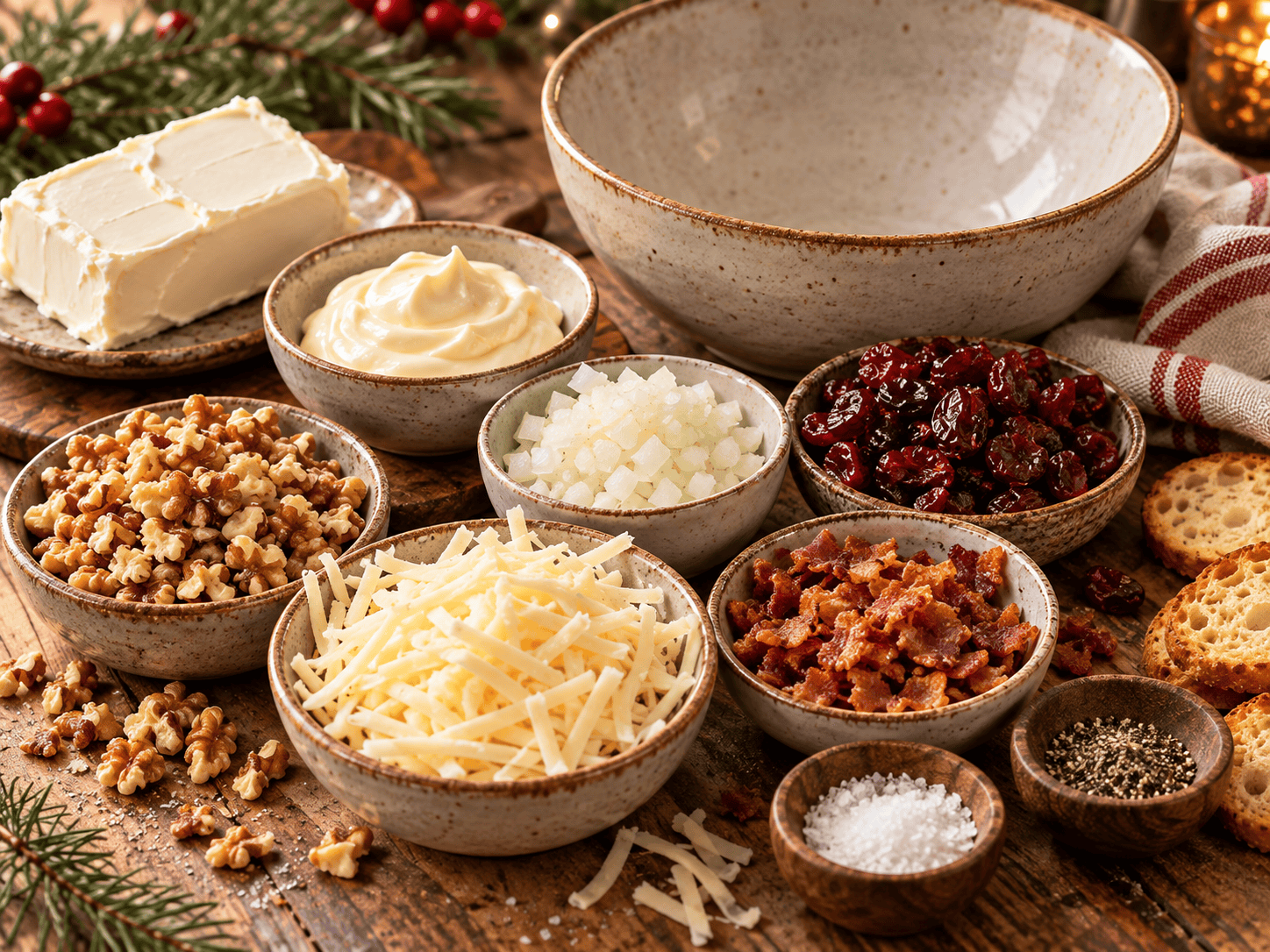 Ingredients for creamy cranberry walnut dip including cream cheese, mayonnaise, onion, dried cranberries, walnuts, Swiss cheese, bacon bits, salt, and pepper.