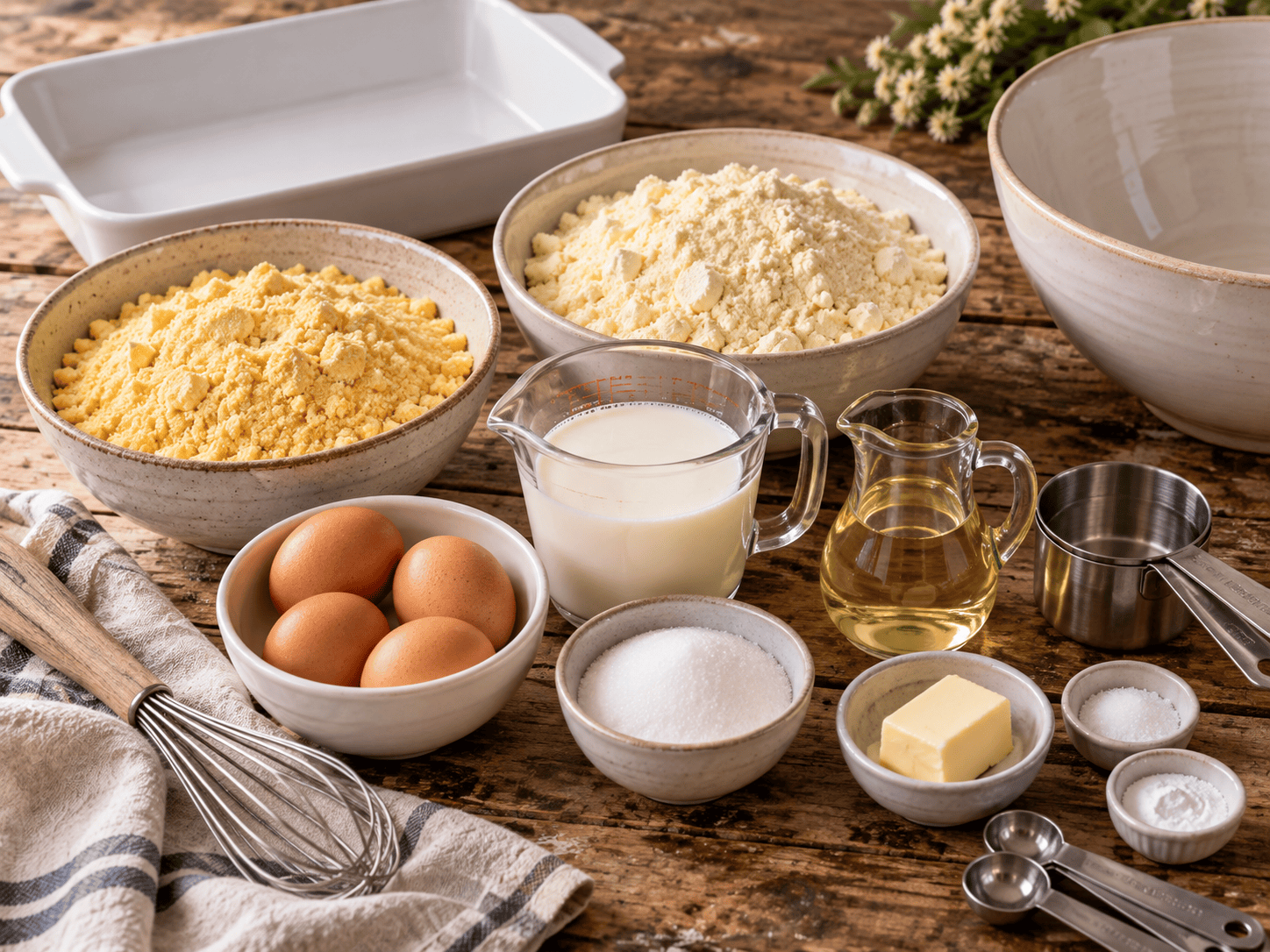 Ingredients for Jiffy cornbread with yellow cake mix including eggs, milk, oil, corn muffin mix, and cake mix
