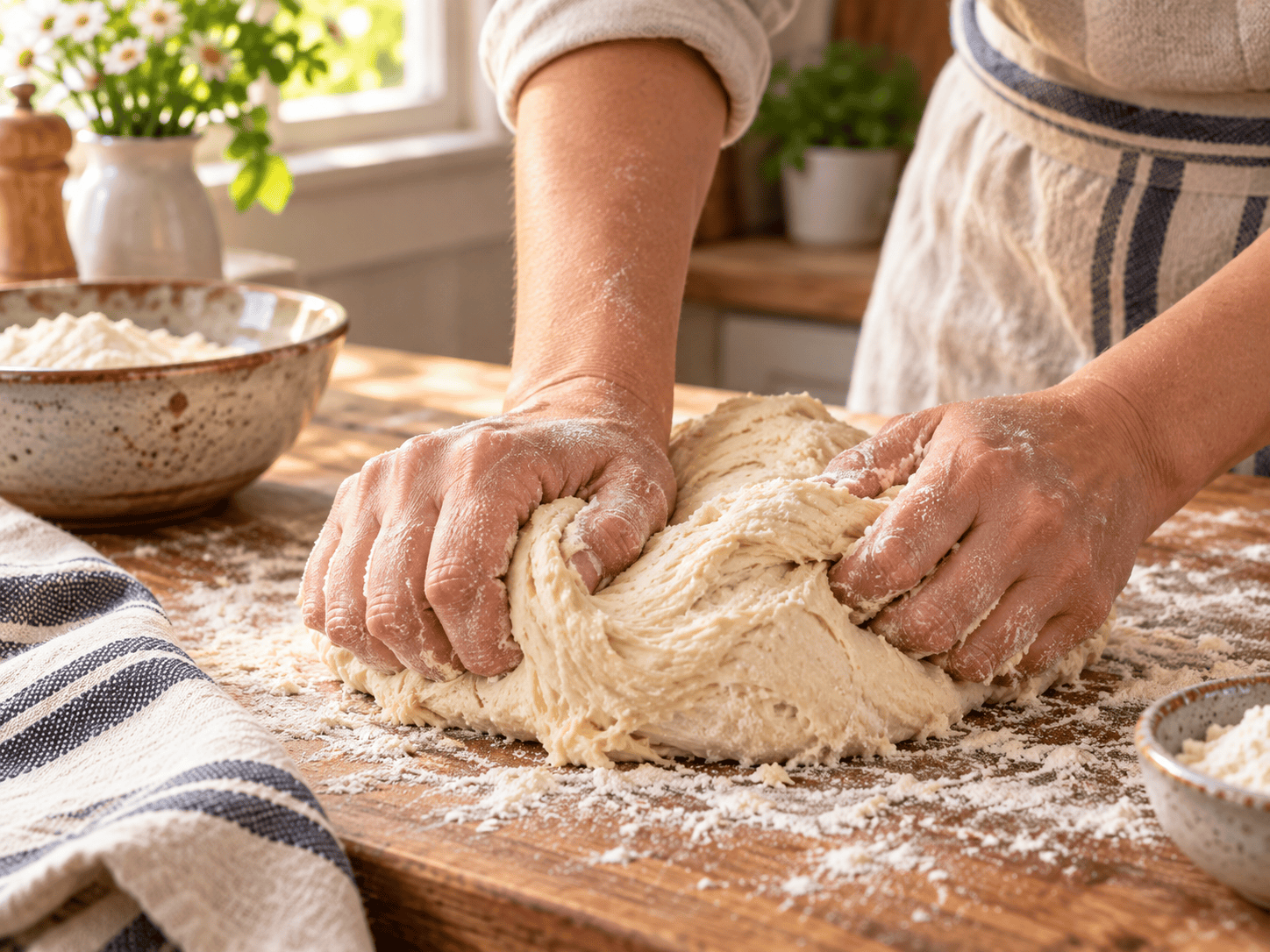 Kneading soft yeast bread dough by hand on a floured wooden surface