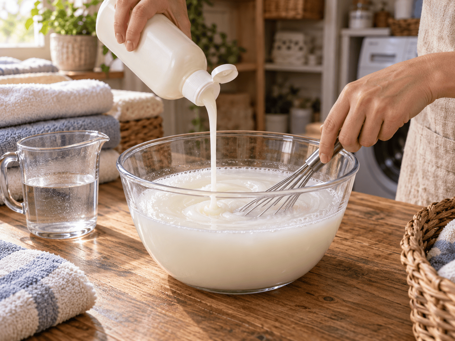 Pouring hair conditioner into hot water while making homemade fabric softener