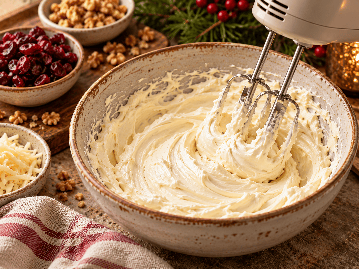 Cream cheese and mayonnaise being mixed until smooth in a large bowl for creamy cranberry walnut dip.