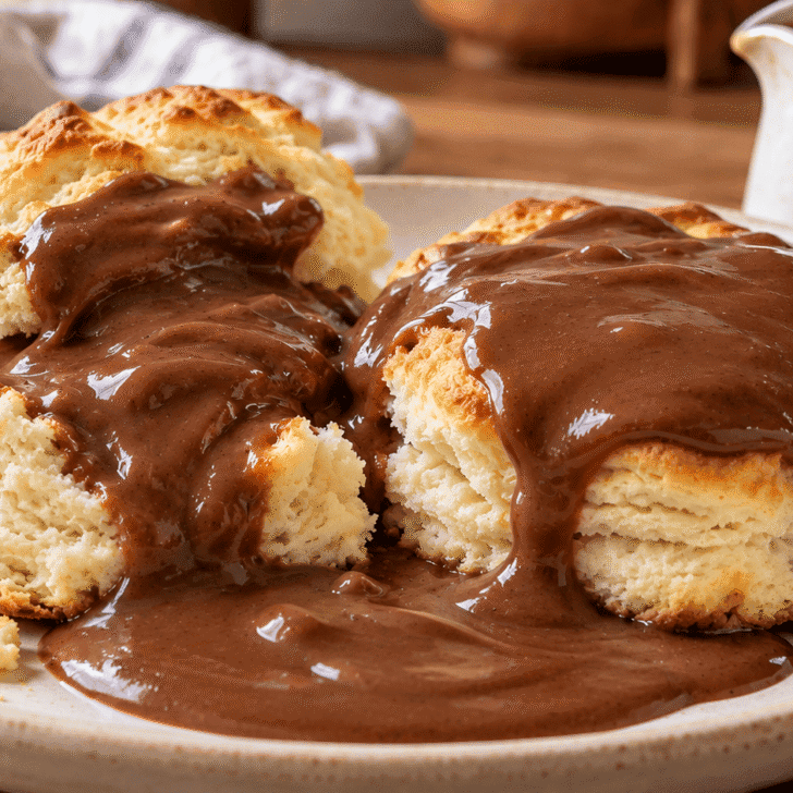 Thick chocolate gravy spooned over fluffy Southern biscuits on a cream plate