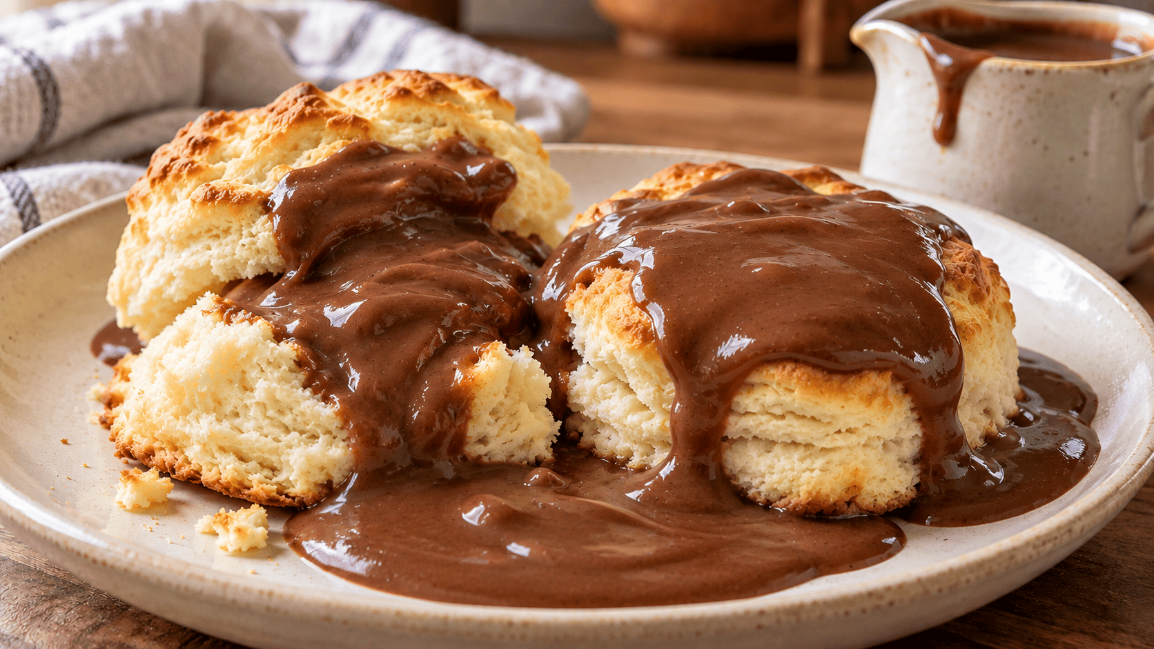 Thick chocolate gravy spooned over fluffy Southern biscuits on a cream plate