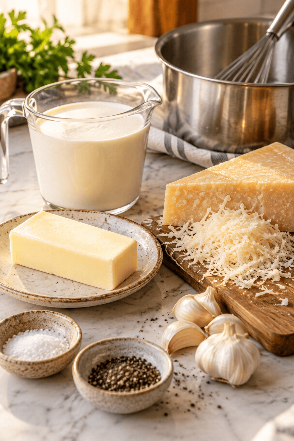 Ingredients for copycat Olive Garden Alfredo sauce including heavy cream, butter, Parmesan, garlic, salt, and black pepper