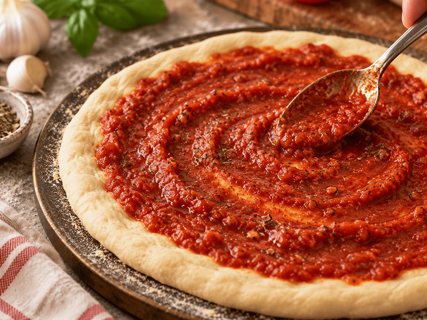 Pizza Sauce Spread Over Pizza Dough Copycat Pizza Hut pizza sauce being spread in a thin layer over homemade pizza dough