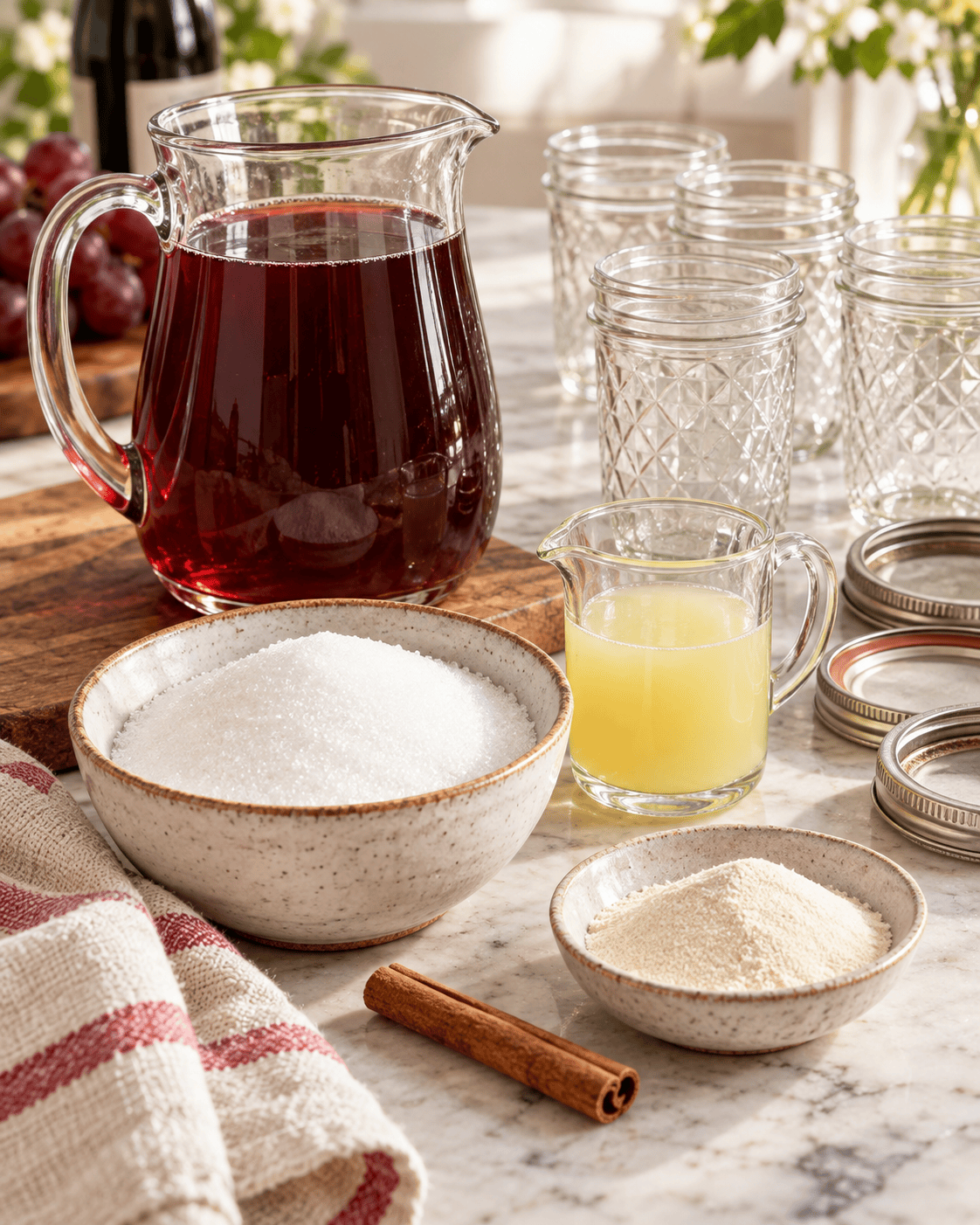 Ingredients for sangria jelly with red sangria, bottled lemon juice, sugar, powdered pectin, cinnamon, and clean jelly jars