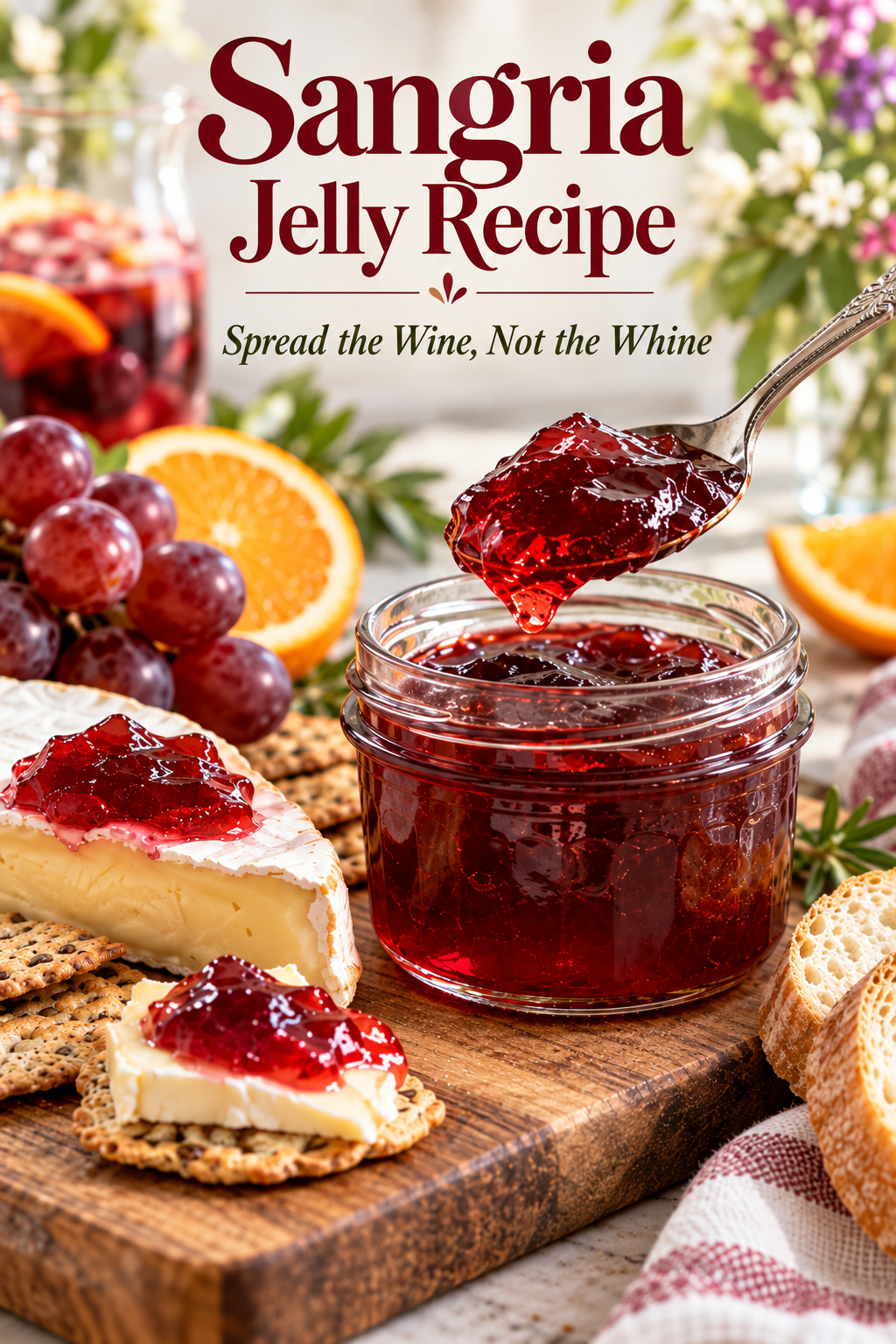 Sangria Jelly Recipe Pinterest graphic with ruby-red wine jelly, Brie, crackers, grapes, oranges, and the words Spread the Wine Not the Whine