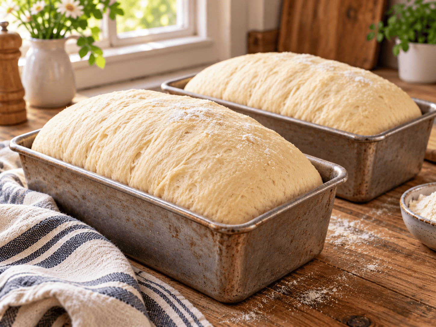 Shaped yeast bread dough in loaf pans before baking