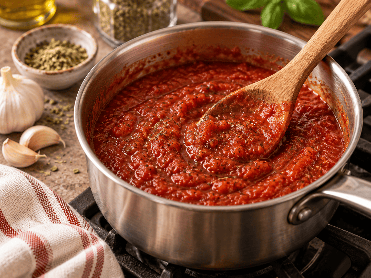 Simmering Homemade Pizza Sauce Thick homemade pizza sauce simmering gently in a saucepan with a wooden spoon