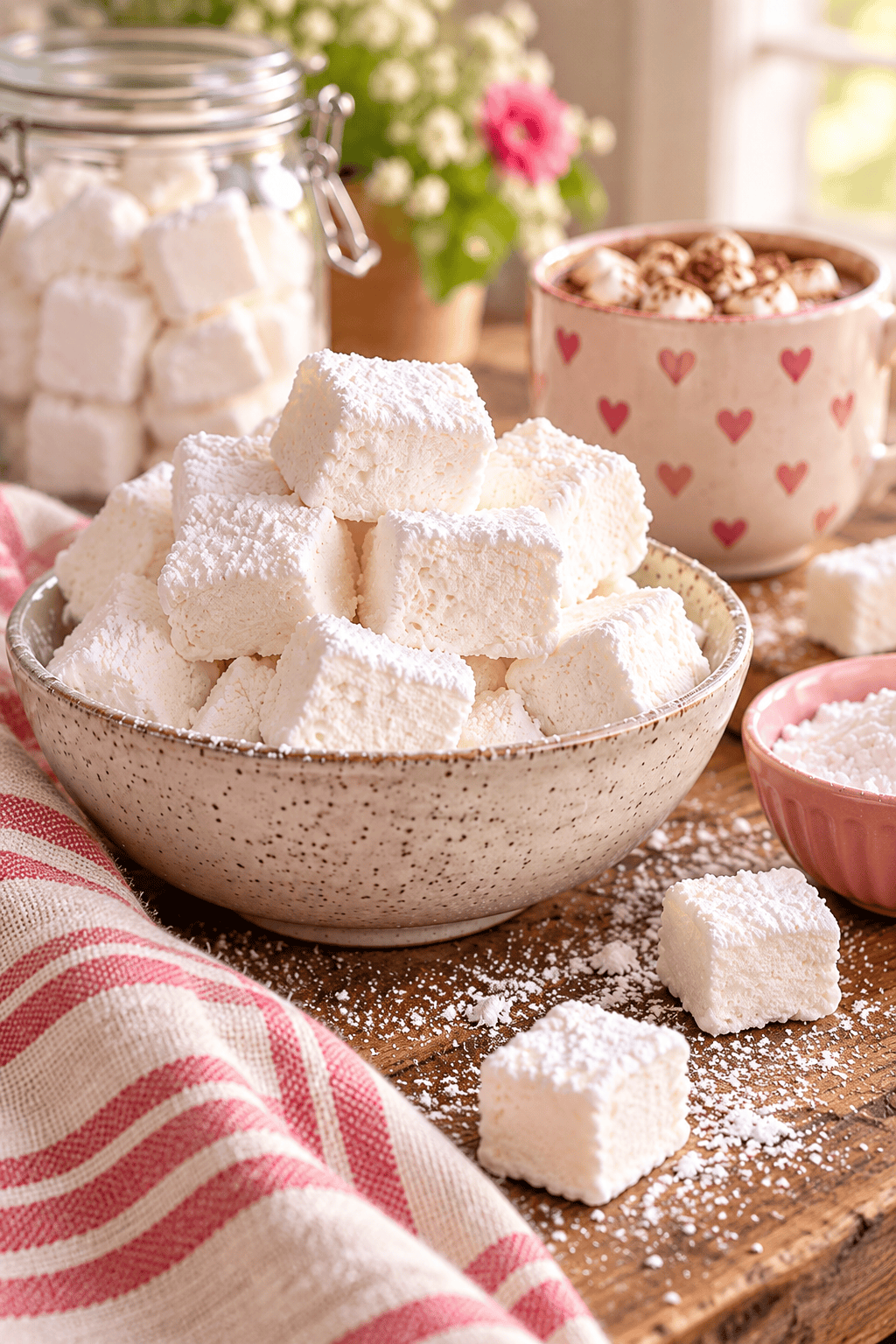 Homemade marshmallows dusted with powdered sugar in a bowl beside hot cocoa and a jar of marshmallows