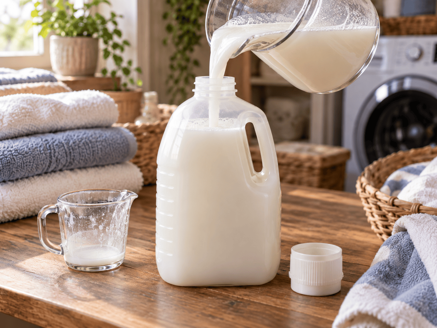 Pouring finished homemade fabric softener into a reusable laundry storage bottle