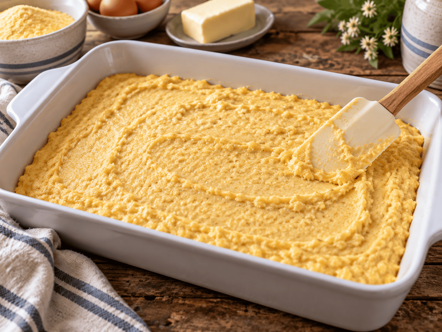 Sweet cornbread batter spread evenly in a white 9x13 baking dish before baking