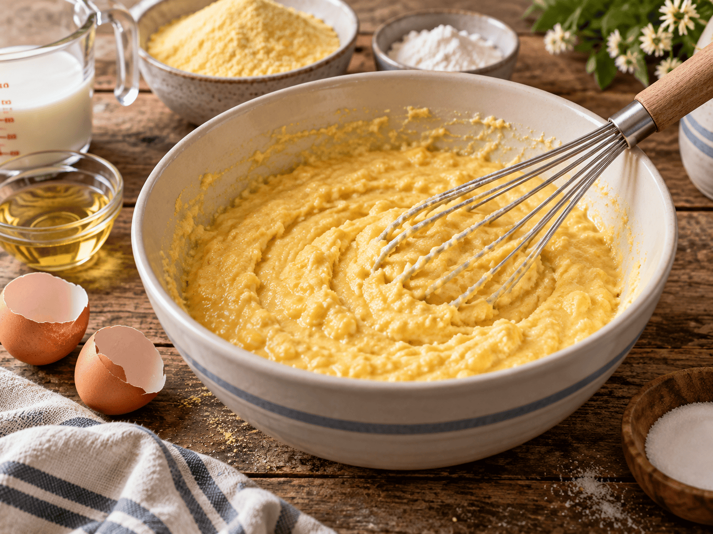 Sweet cornbread batter mixed in a large bowl with a whisk before baking