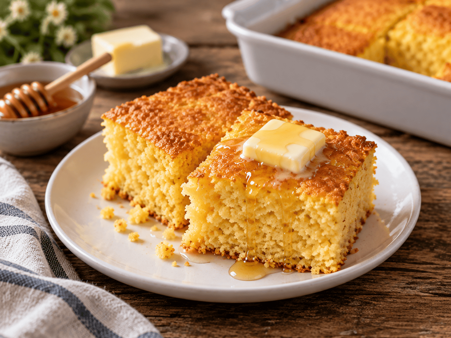 Warm sweet cornbread squares topped with melting butter and honey on a plate
