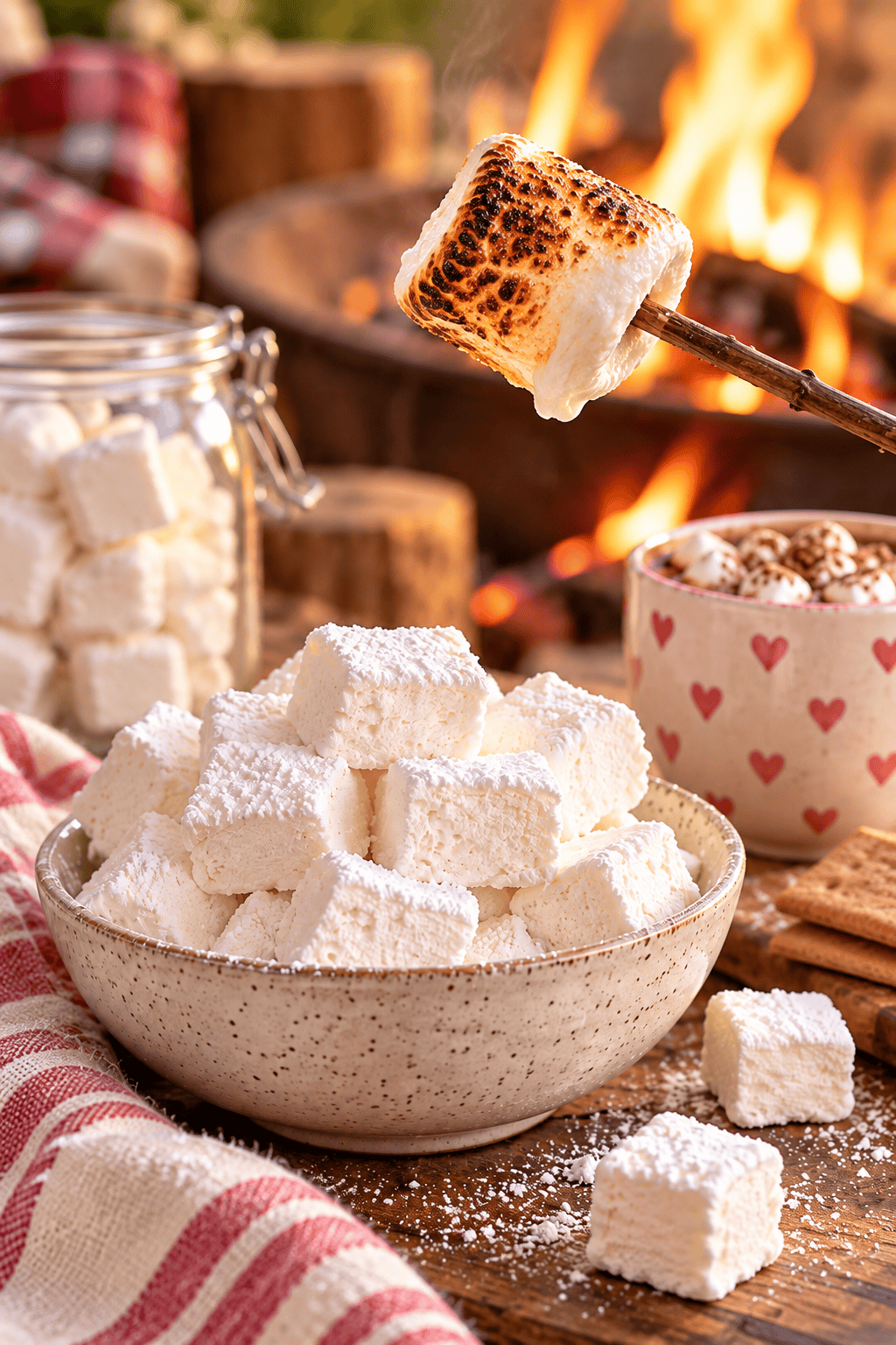 Toasted homemade marshmallow on a skewer over a campfire beside a bowl of fluffy homemade marshmallows and hot cocoa