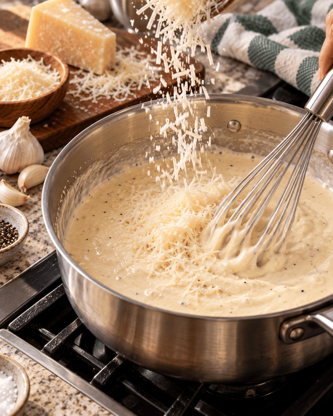Freshly grated Parmesan being whisked into creamy copycat Olive Garden Alfredo sauce in a saucepan
