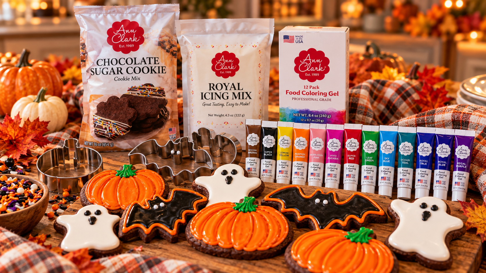 Ann Clark chocolate sugar cookies decorated as pumpkins, bats, and ghosts with cookie mix, royal icing, food coloring gels, and Halloween cutters