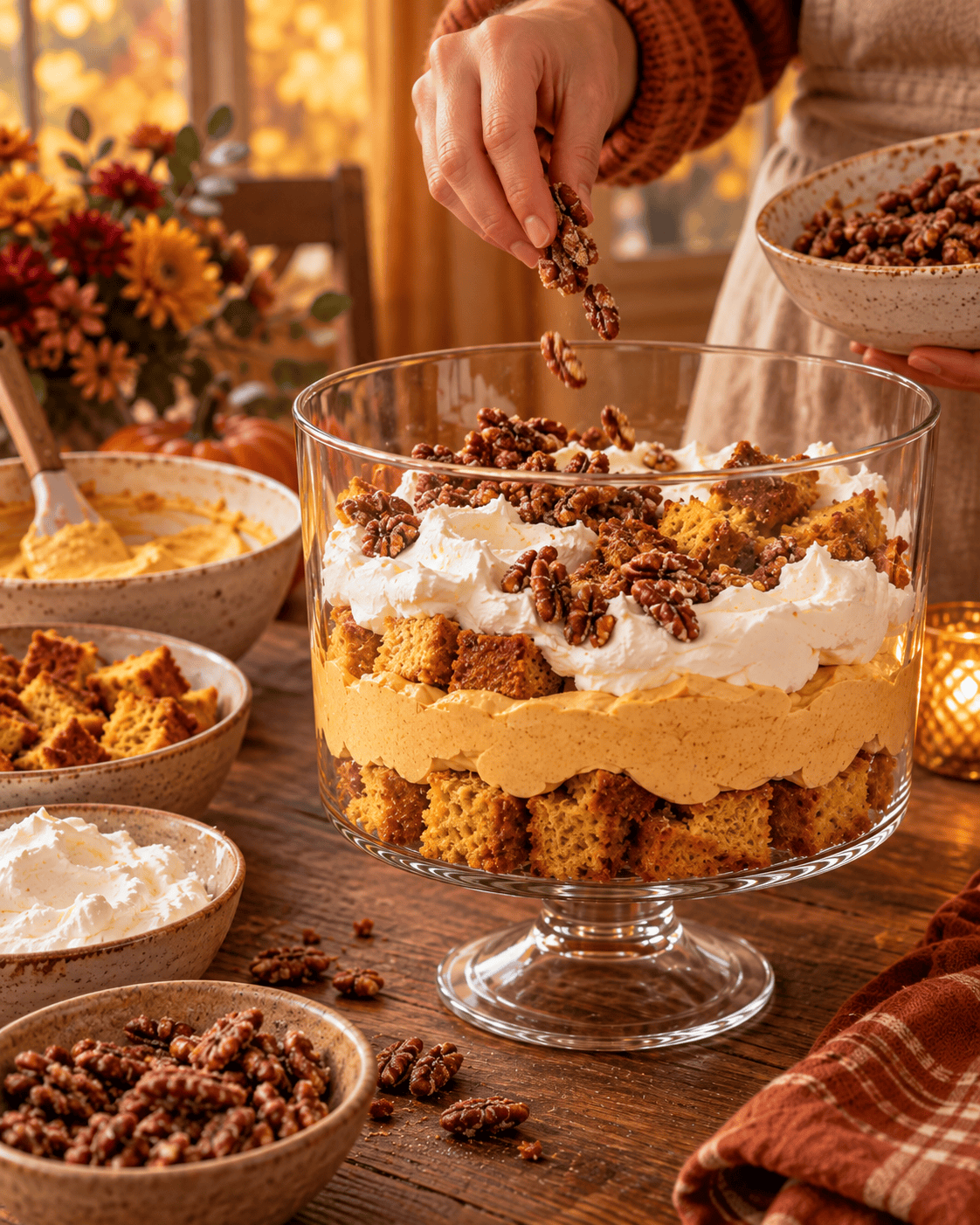 Layering pumpkin cake, pumpkin mousse, whipped topping, and sugared pecans in a glass bowl for Pumpkin Mousse Trifle with Sugared Pecans