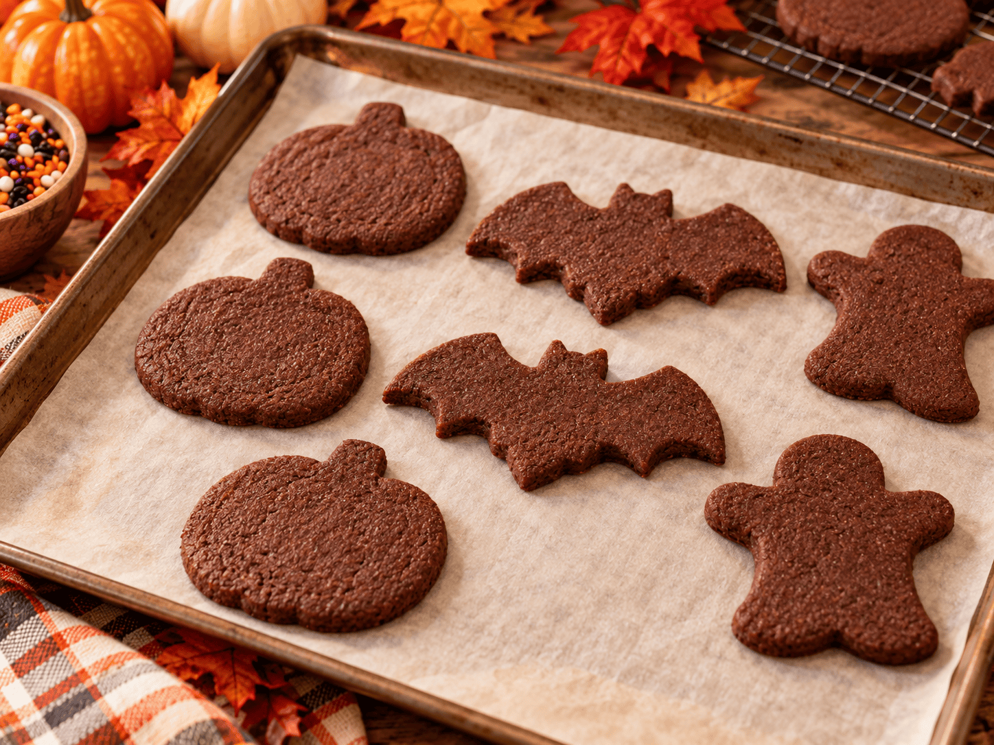 Baked chocolate sugar cookies shaped like pumpkins, bats, and ghosts cooling on a parchment-lined baking sheet