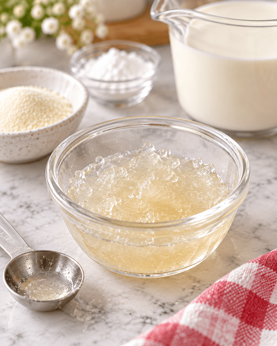 Unflavored gelatin bloomed in cold water in a small glass bowl