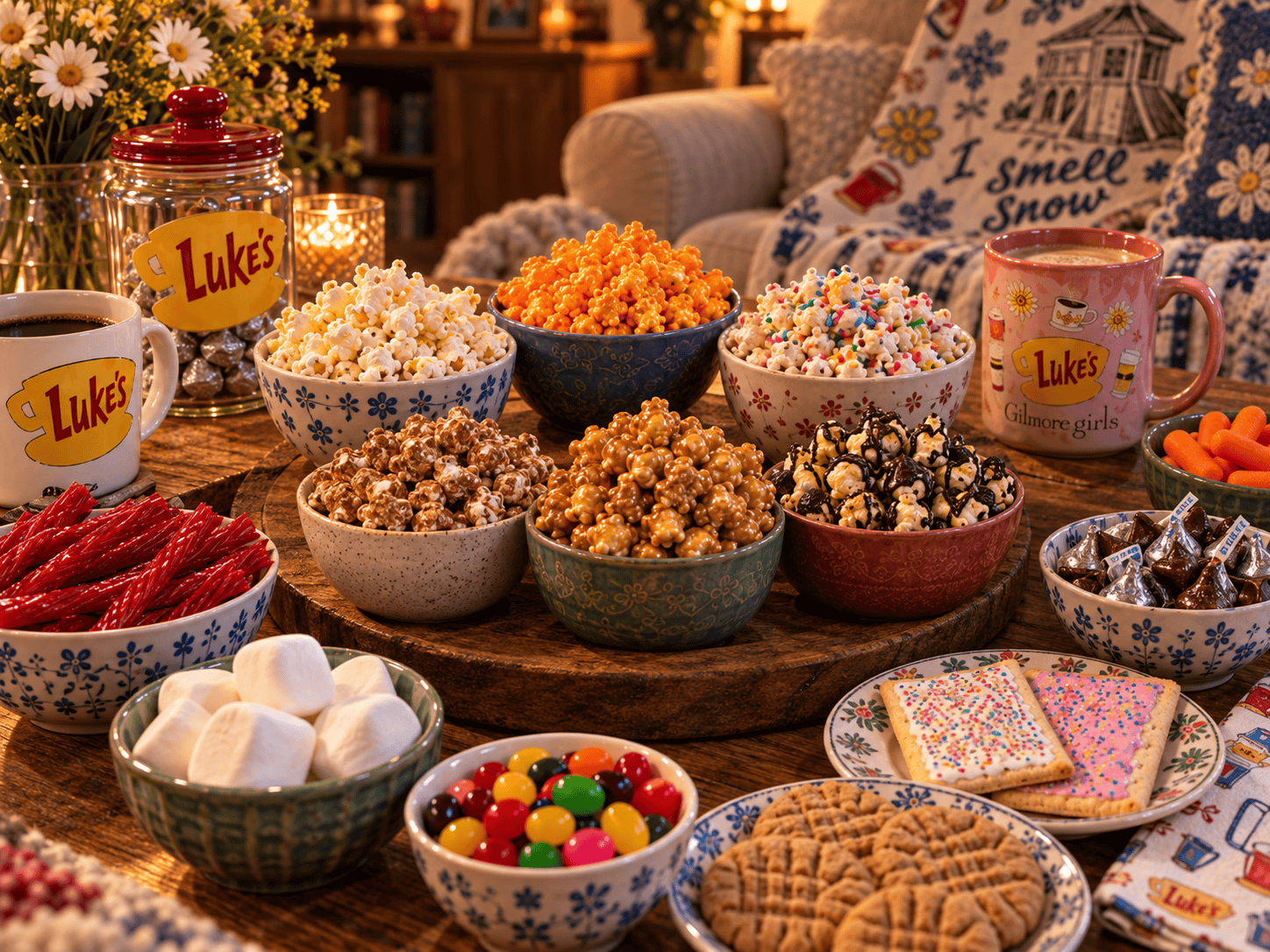 Close-up of six flavored popcorn bowls with Gilmore Girls movie night candy, marshmallows, peanut butter cookies and Luke's coffee mugs