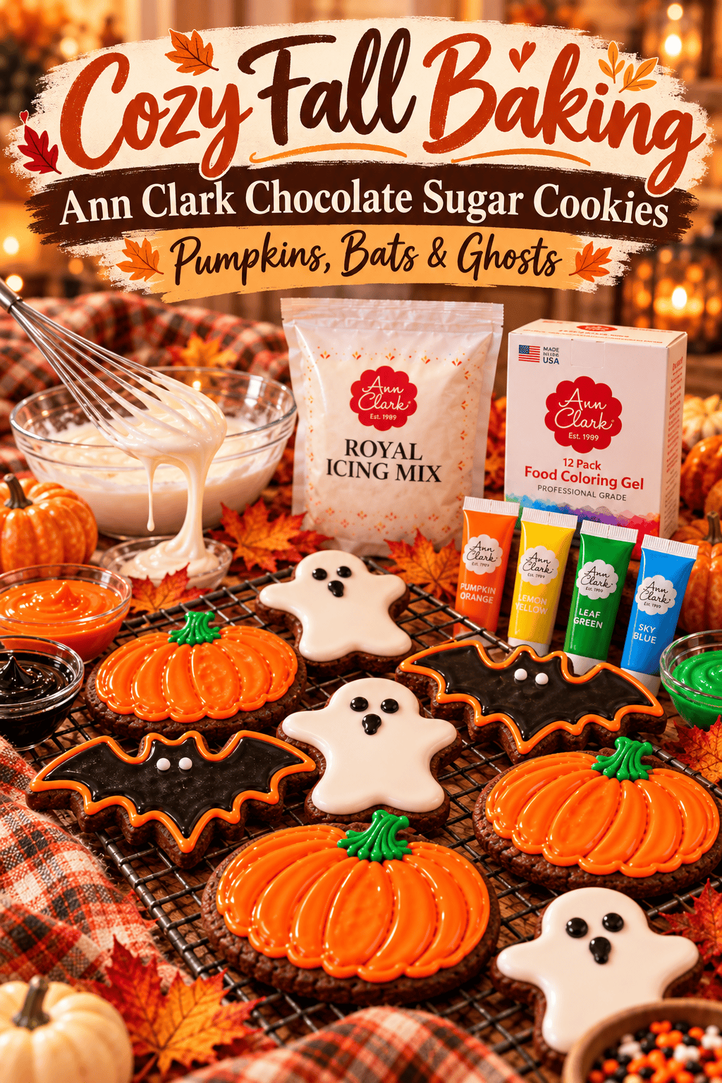 Pinterest graphic for Ann Clark chocolate sugar cookies decorated as pumpkins, bats, and ghosts