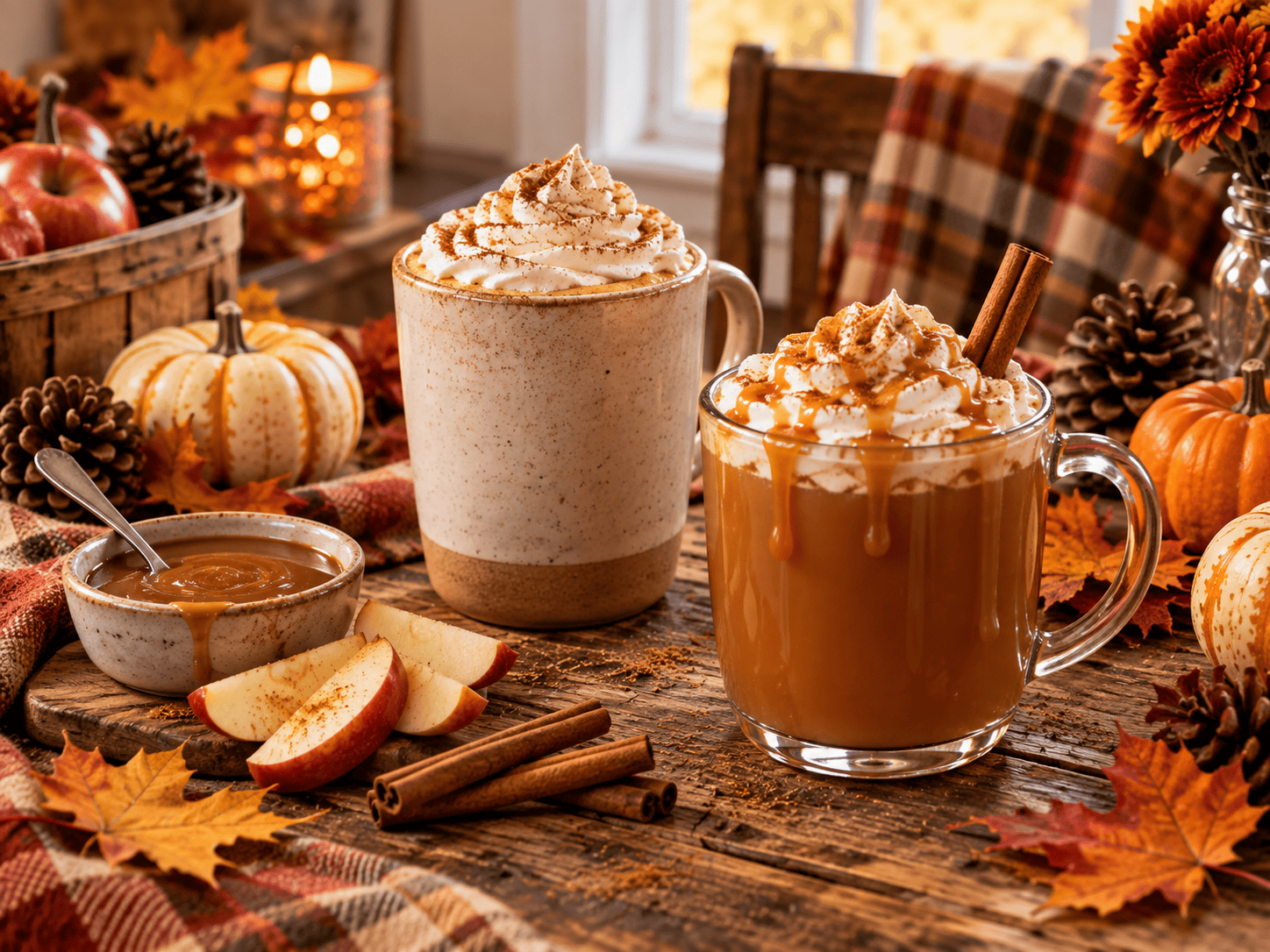Two cozy fall drinks with whipped cream, caramel drizzle, apples, cinnamon sticks, and pumpkins on a rustic autumn table