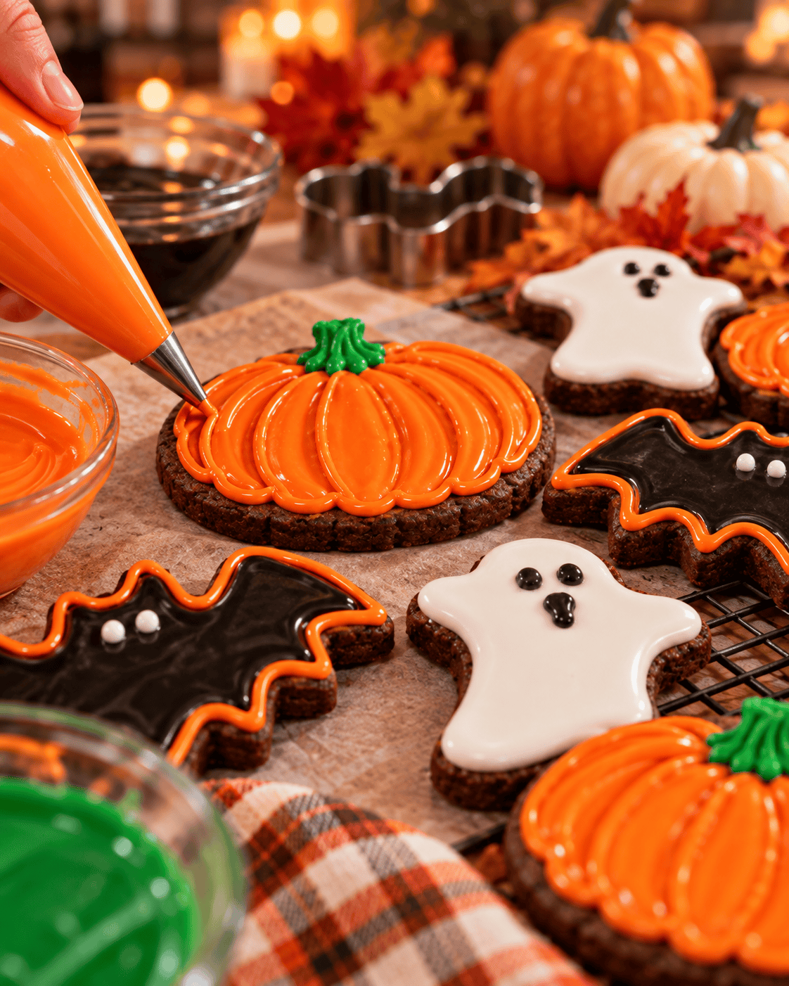 Orange royal icing being piped onto a pumpkin chocolate sugar cookie beside decorated bat and ghost cookies