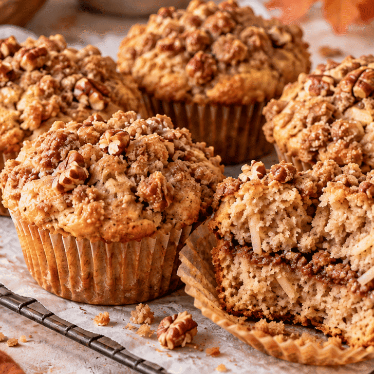 Apple streusel muffins with shredded apple and cinnamon pecan crumb topping on a cooling rack