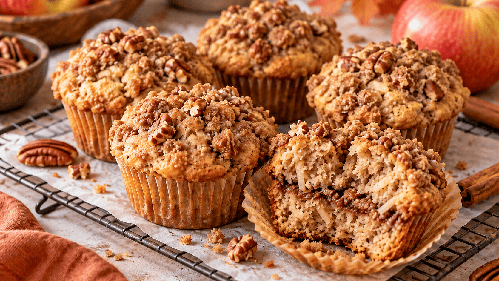 Apple streusel muffins with shredded apple and cinnamon pecan crumb topping on a cooling rack