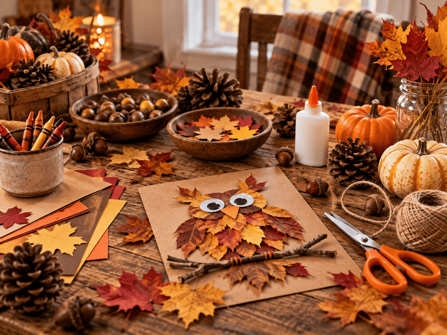 Easy fall leaf owl craft made with colorful autumn leaves, paper, glue, and scissors on a rustic table
