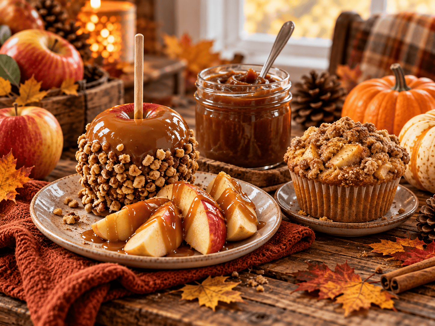 Fall apple treats with a caramel apple, apple slices, apple butter, and apple streusel muffin on a rustic autumn table
