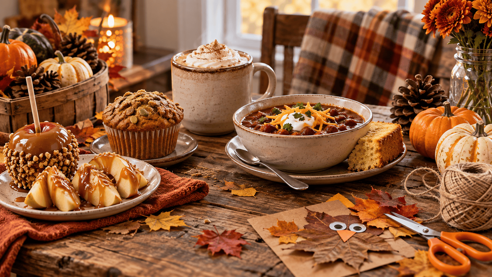 Cozy fall table with chili, cornbread, caramel apple slices, pumpkin muffin, a hot whipped drink, and a simple leaf craft