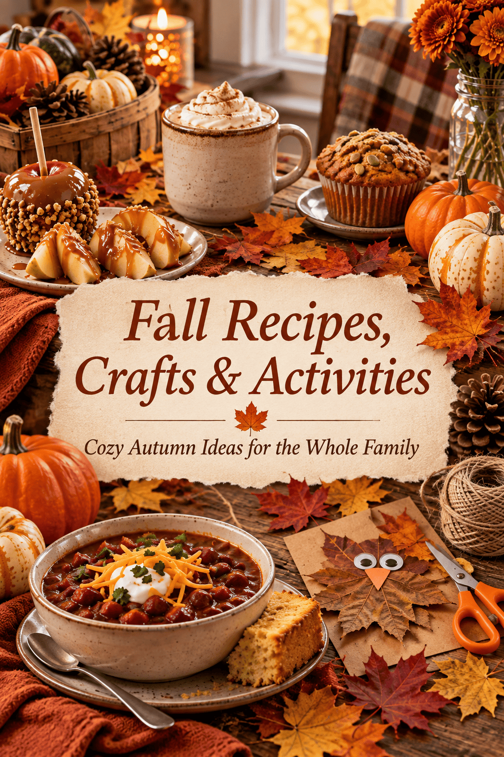Pinterest graphic for Fall Recipes Crafts and Activities featuring chili, caramel apple treats, a hot drink, pumpkins, and a leaf craft