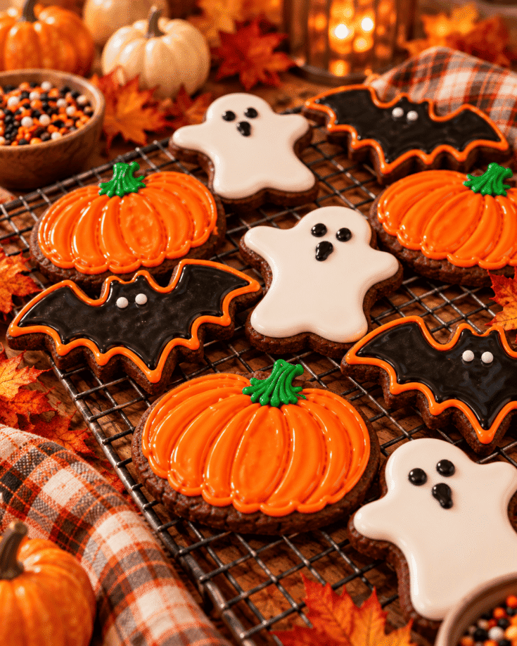 Finished chocolate sugar cookies decorated as orange pumpkins, black bats, and white ghosts cooling on a rack for Halloween