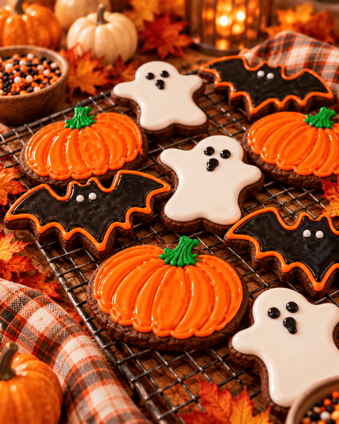 Finished chocolate sugar cookies decorated as orange pumpkins, black bats, and white ghosts on a cooling rack
