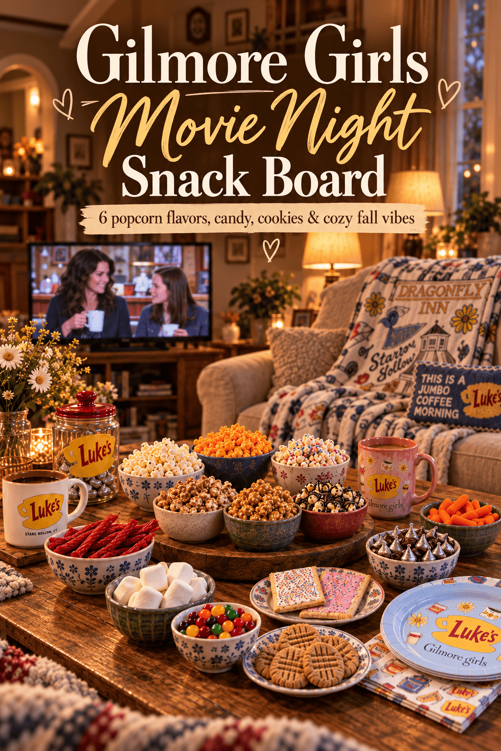 Gilmore Girls Movie Night Snack Board Pinterest graphic with six popcorn flavors, candy, cookies and cozy fall movie night snacks