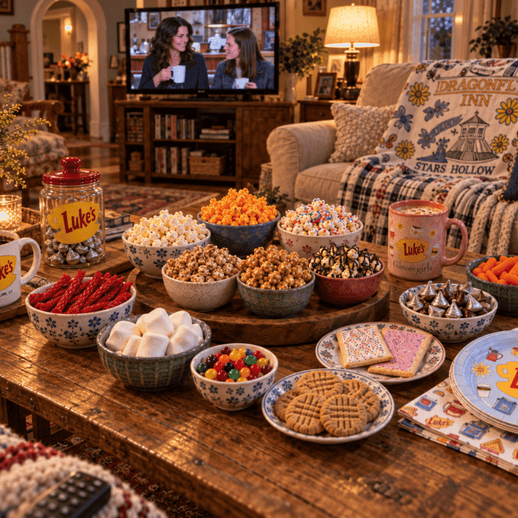 Gilmore Girls movie night snack board in Lorelai's living room with six popcorn flavors, candy, cookies, coffee mugs, and cozy Stars Hollow decor