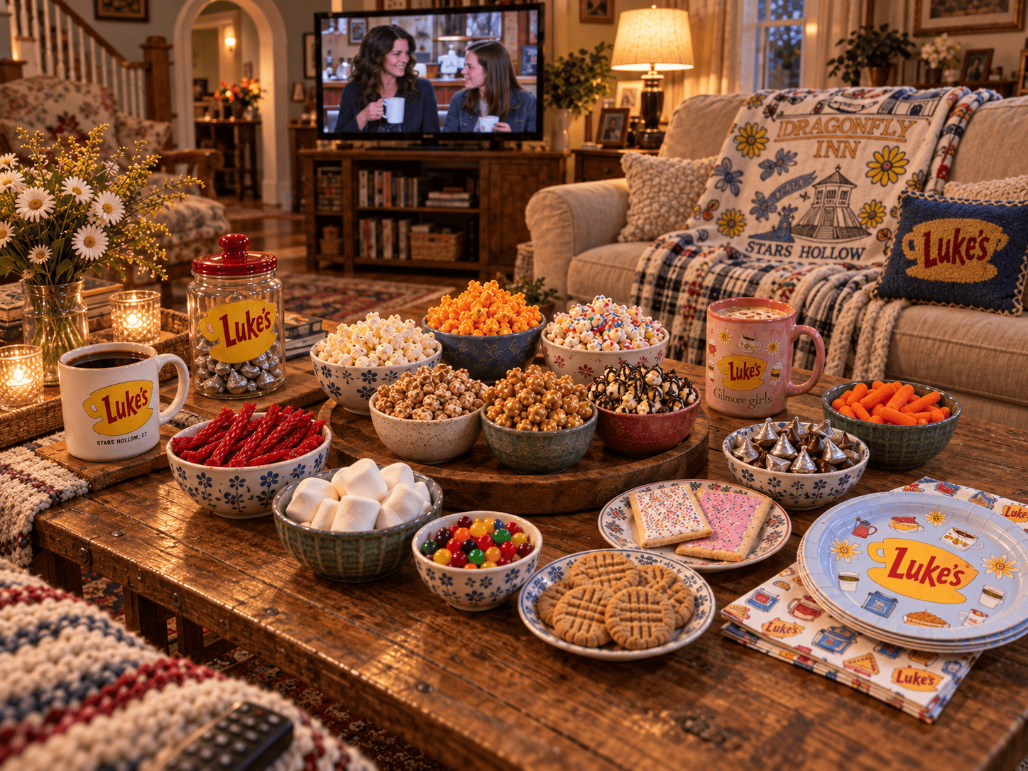 Gilmore Girls movie night snack board in Lorelai's living room with six popcorn flavors, candy, cookies, coffee mugs, and cozy Stars Hollow decor