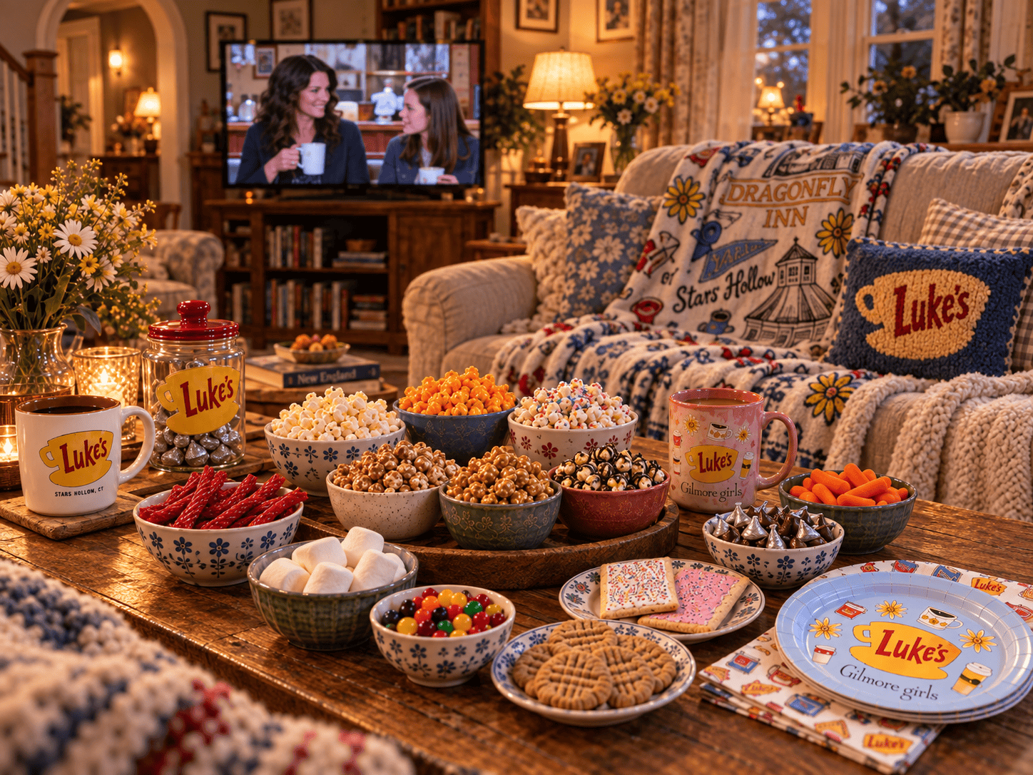 Gilmore Girls movie night snack board in a cozy Lorelai-inspired living room with popcorn, candy, cookies and Luke's coffee mugs