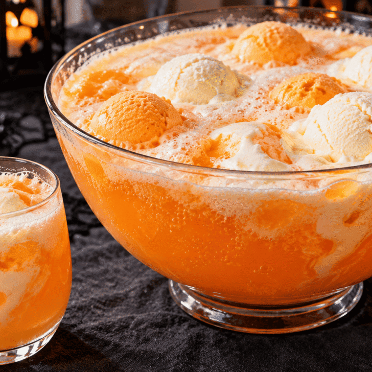 Halloween creamsicle punch with vanilla ice cream and orange sherbet in a glass bowl beside a serving glass garnished with a gummy worm.