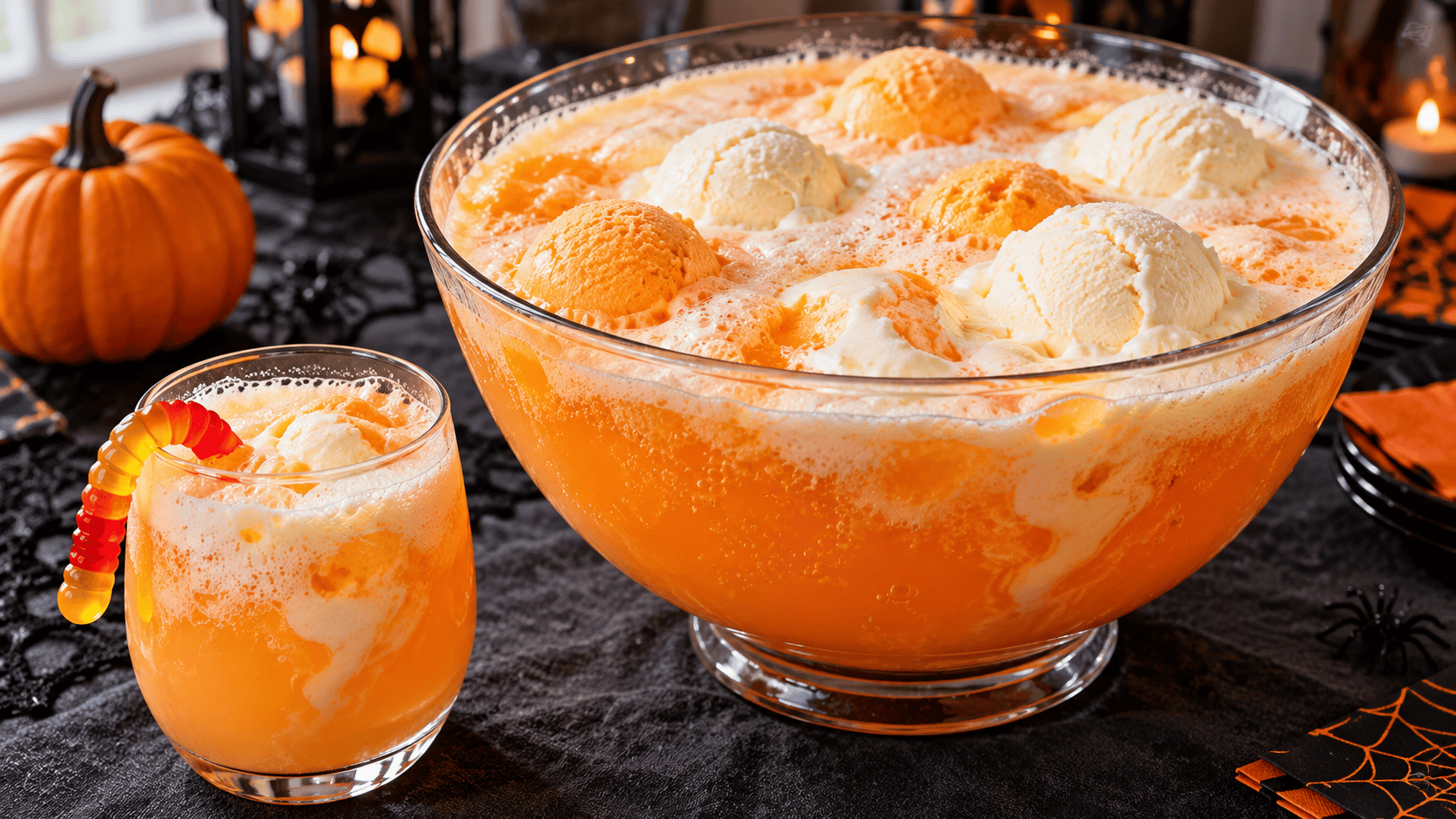 Halloween creamsicle punch with vanilla ice cream and orange sherbet in a glass bowl beside a serving glass garnished with a gummy worm.