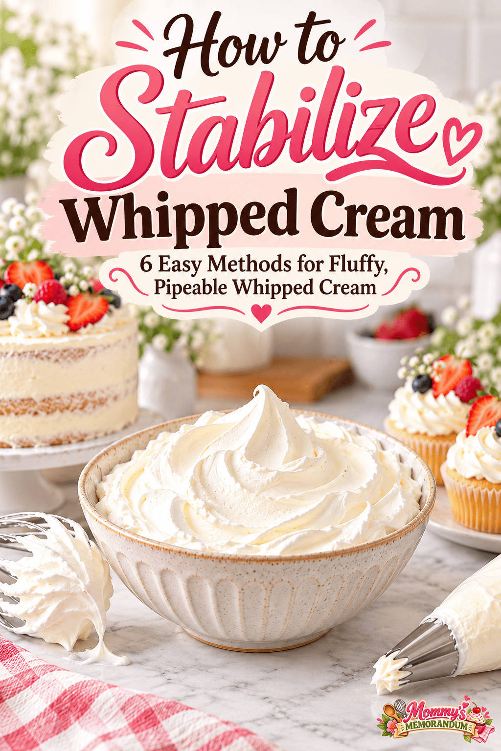 How to stabilize whipped cream graphic featuring fluffy whipped cream with six easy stabilization methods