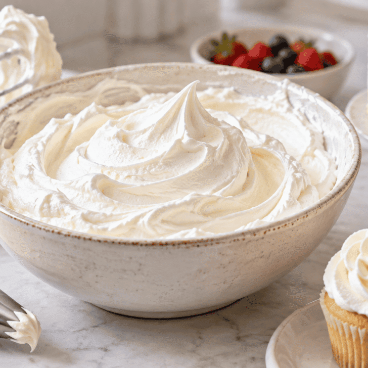 Stabilized whipped cream in a ceramic bowl with a whisk, piping bag, cupcakes, and frosted cake