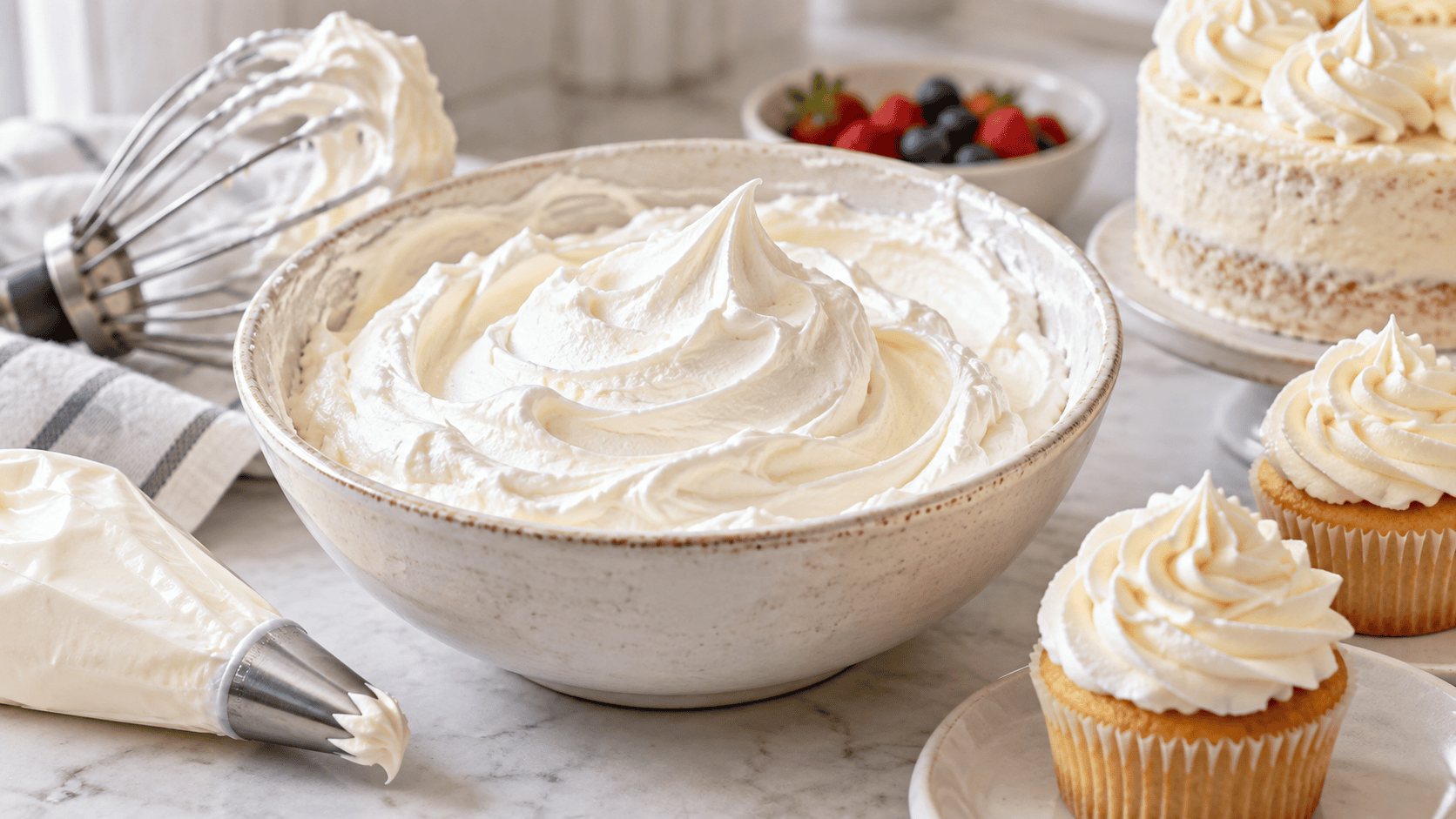 Stabilized whipped cream in a ceramic bowl with a whisk, piping bag, cupcakes, and frosted cake