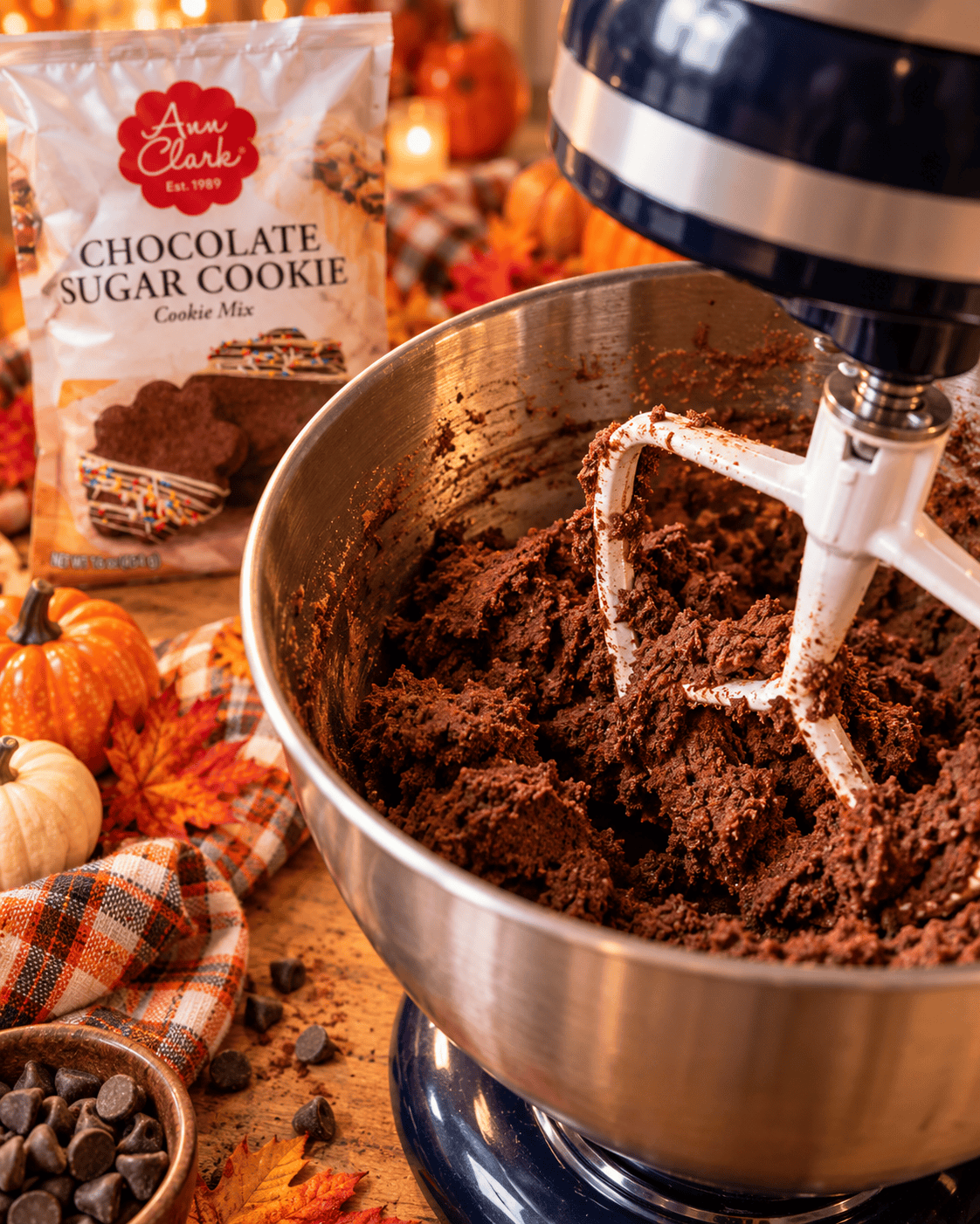 Ann Clark Chocolate Sugar Cookie Mix being blended with butter and egg into chocolate cookie dough in a stand mixer