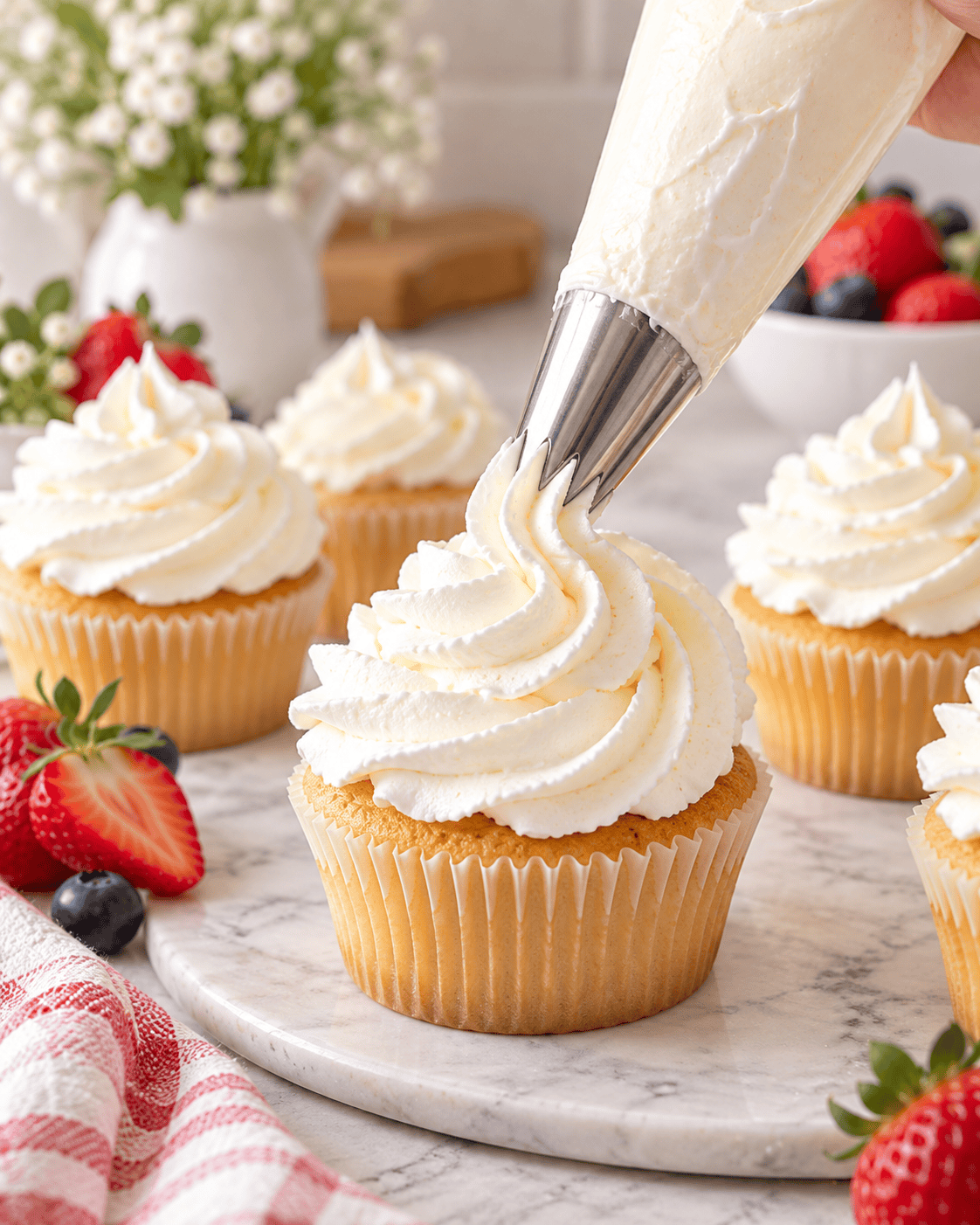 Stabilized whipped cream being piped in a tall swirl onto a vanilla cupcake