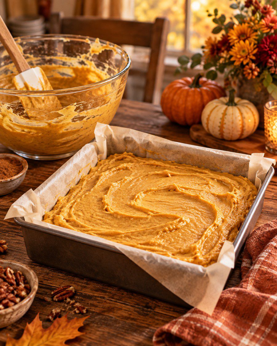 Pumpkin cake batter spread in a square baking pan for Pumpkin Mousse Trifle with Sugared Pecans