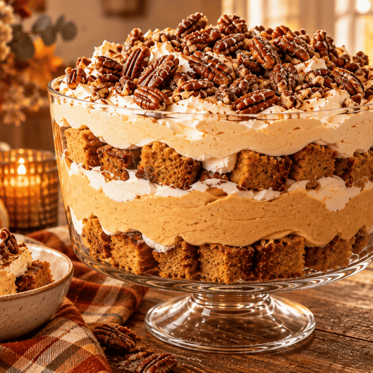 Pumpkin Mousse Trifle with Sugared Pecans in a clear glass bowl with layers of pumpkin cake, pumpkin mousse, whipped topping, and sugared pecans