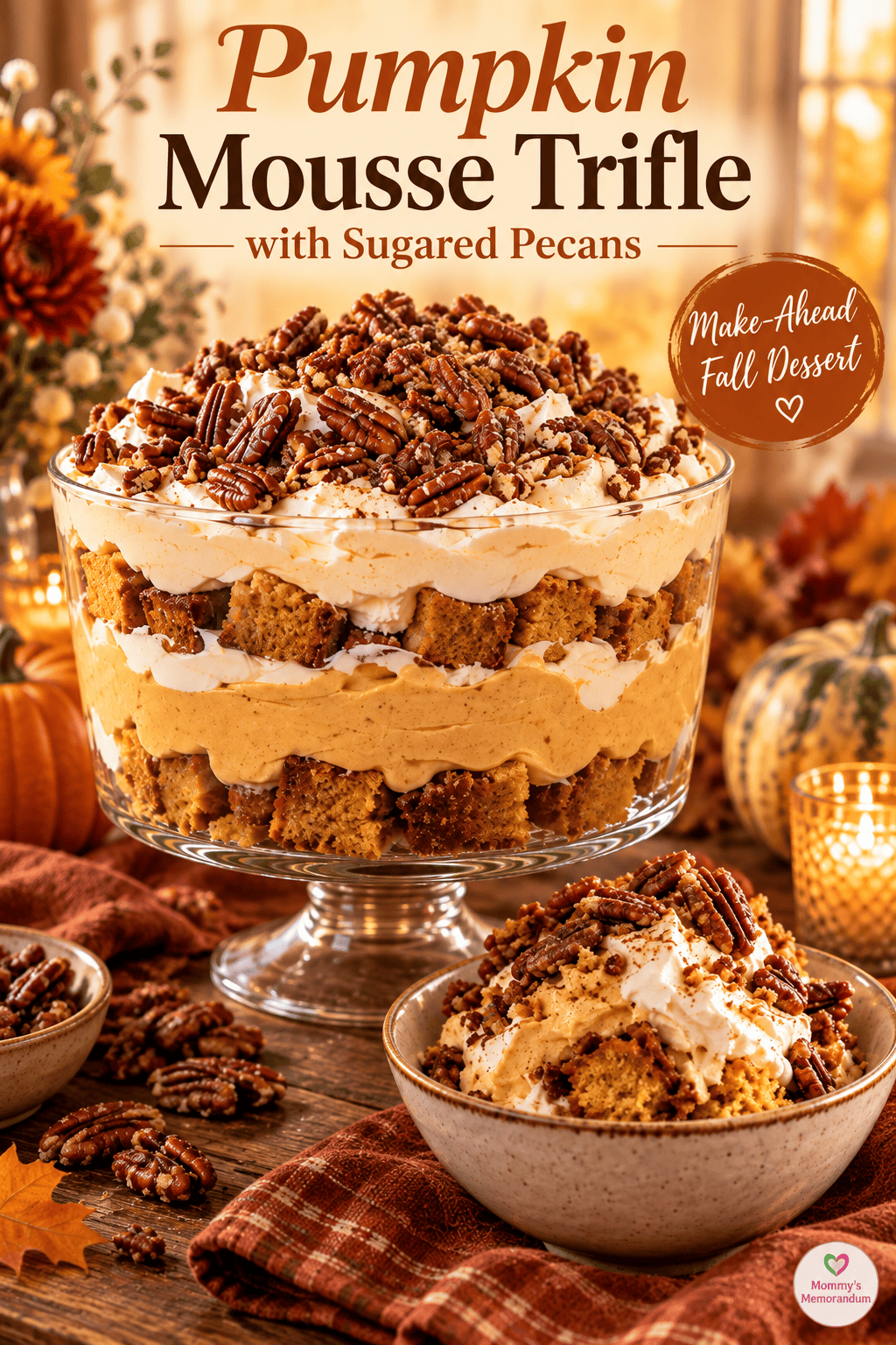 Pinterest graphic for Pumpkin Mousse Trifle with Sugared Pecans featuring the finished layered trifle and an individual serving